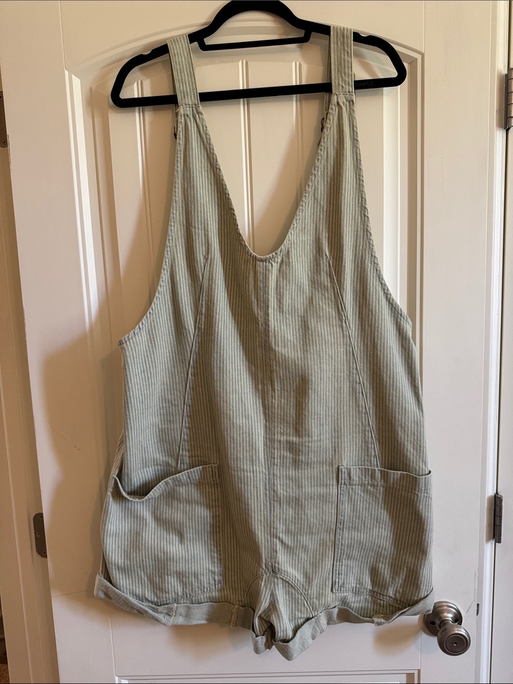 We The Free Light Sage Green Striped Cotton Romper Overalls